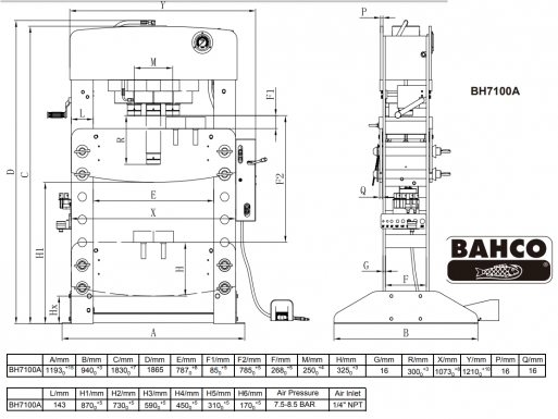 BH7100A Bahco Пресс пневмогидравлический 100 тонн размеры